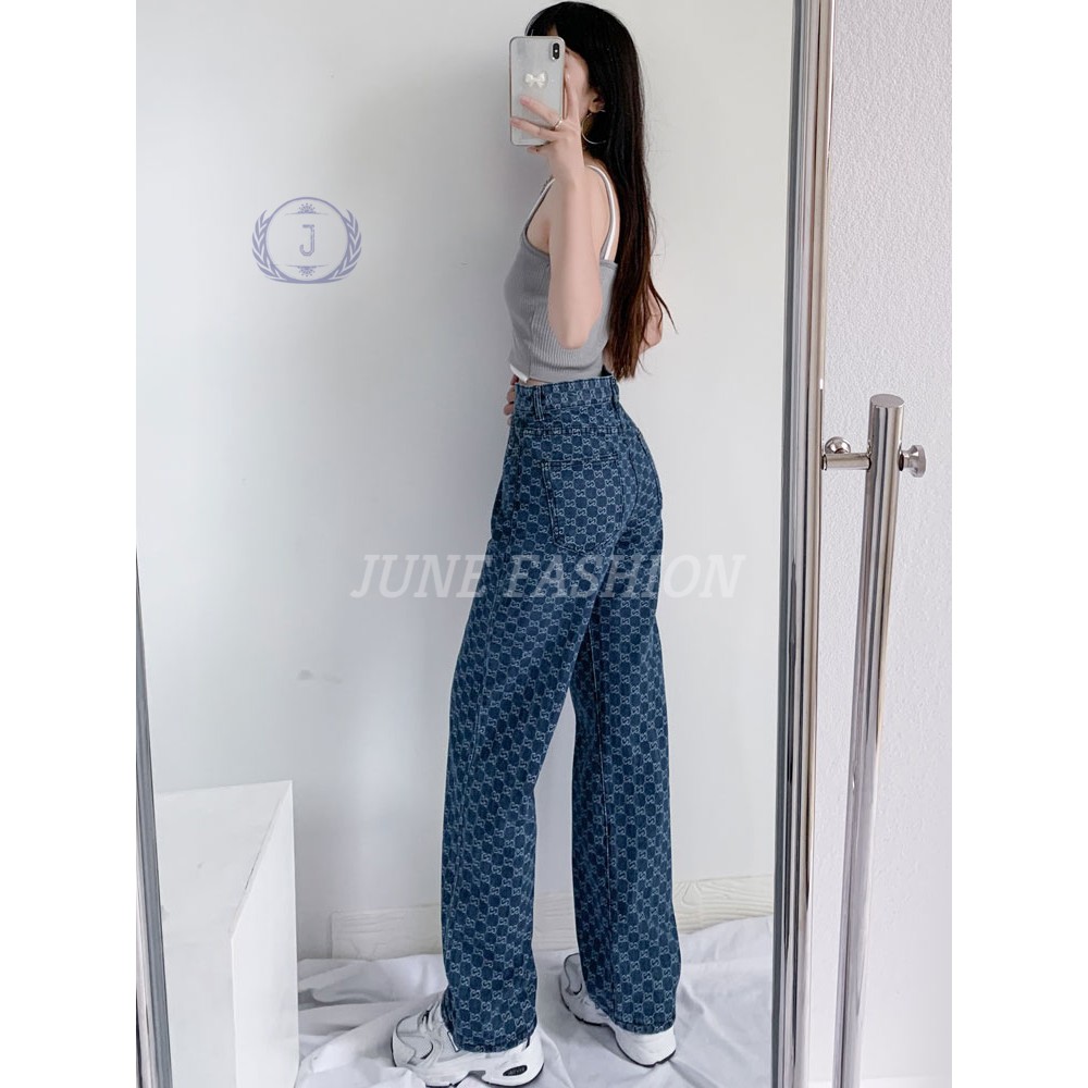 Quần jean, jeans, quan baggy suông ống rộng Nữ họa tiết thêu hoa rối June Fashion