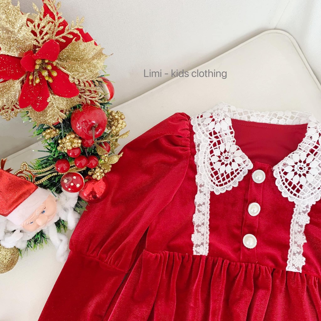 Váy nhung đỏ dài tay phối ren cho bé