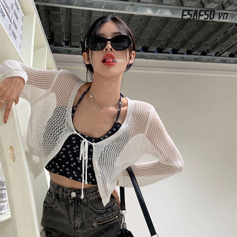 Áo Cardigan Dệt Kim Tay Dài Cổ Chữ v Thiết Kế Thoáng Khí Thời Trang Mùa Hè Xinh Xắn Cho Nữ