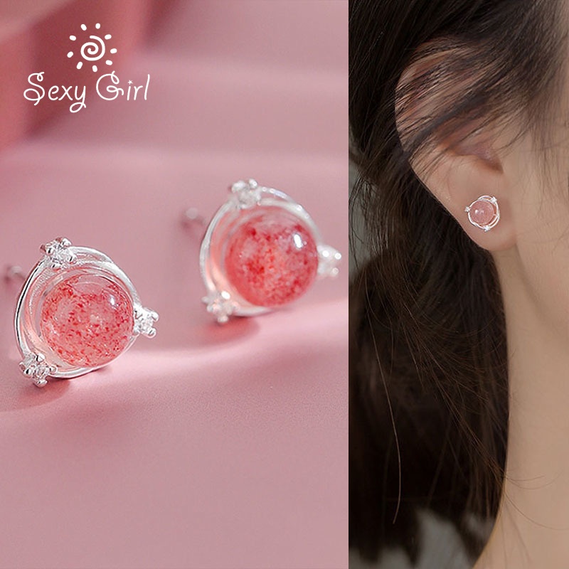 Khuyên tai hình quả dâu tây đính đá zircon thời trang Hàn Quốc
