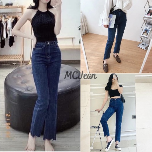 Quần bò nữ ống đứng cạp cao co dãn cắt gấu xanh đậm phong cách Hàn Quốc MCJean