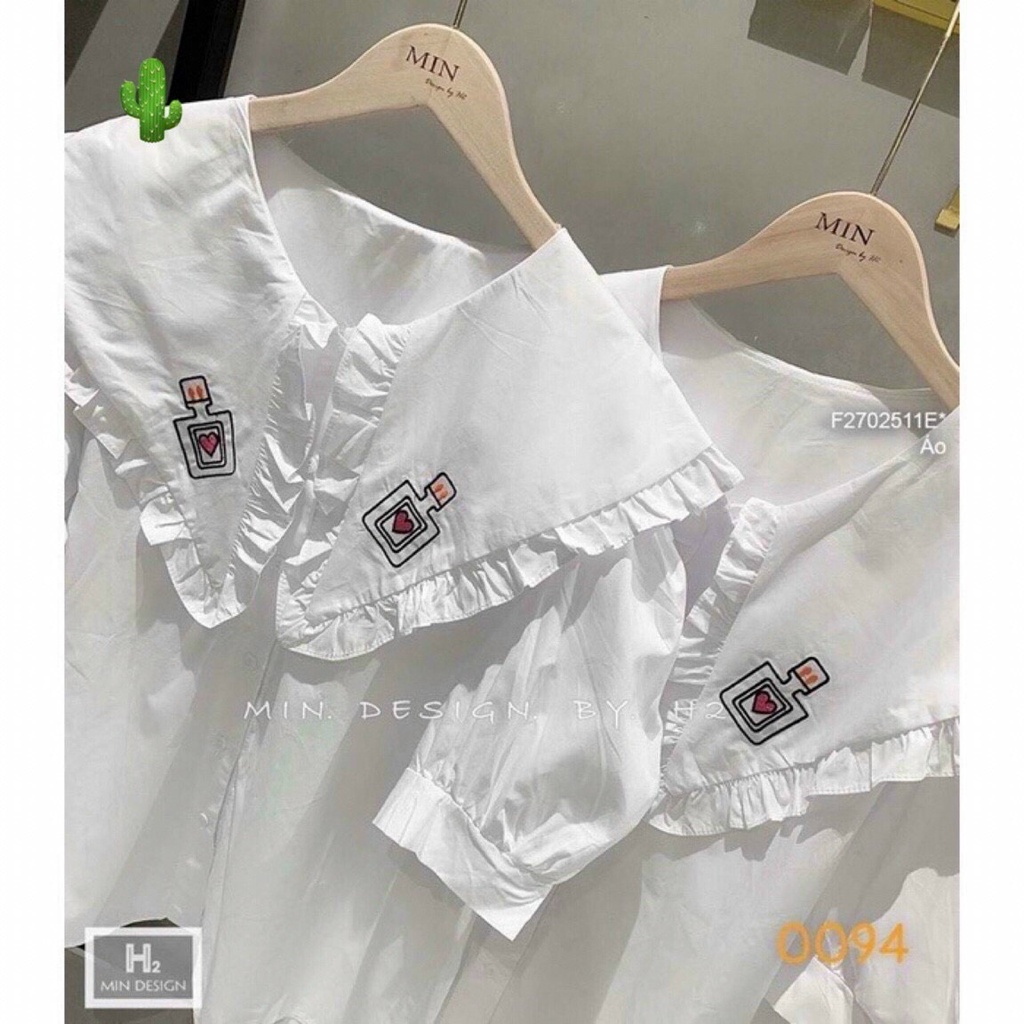áo sơ mi cổ nhọn bèo thêu chai nước cực xinh xắn chất kate mềm p