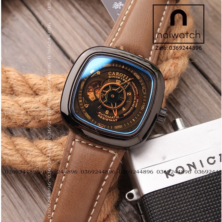 Đồng hồ nam Carotif cơ lộ máy chạy automatic không cần dùng pin, với dây da xịn cực bền bỉ với thời gian, NaiWatch
