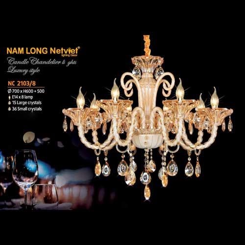 Đèn chùm pha lê Netviet Ø700 x H600 + 500, E14 x 8 lamp, 15 large crystals, 36 small crystals NC 2103/8