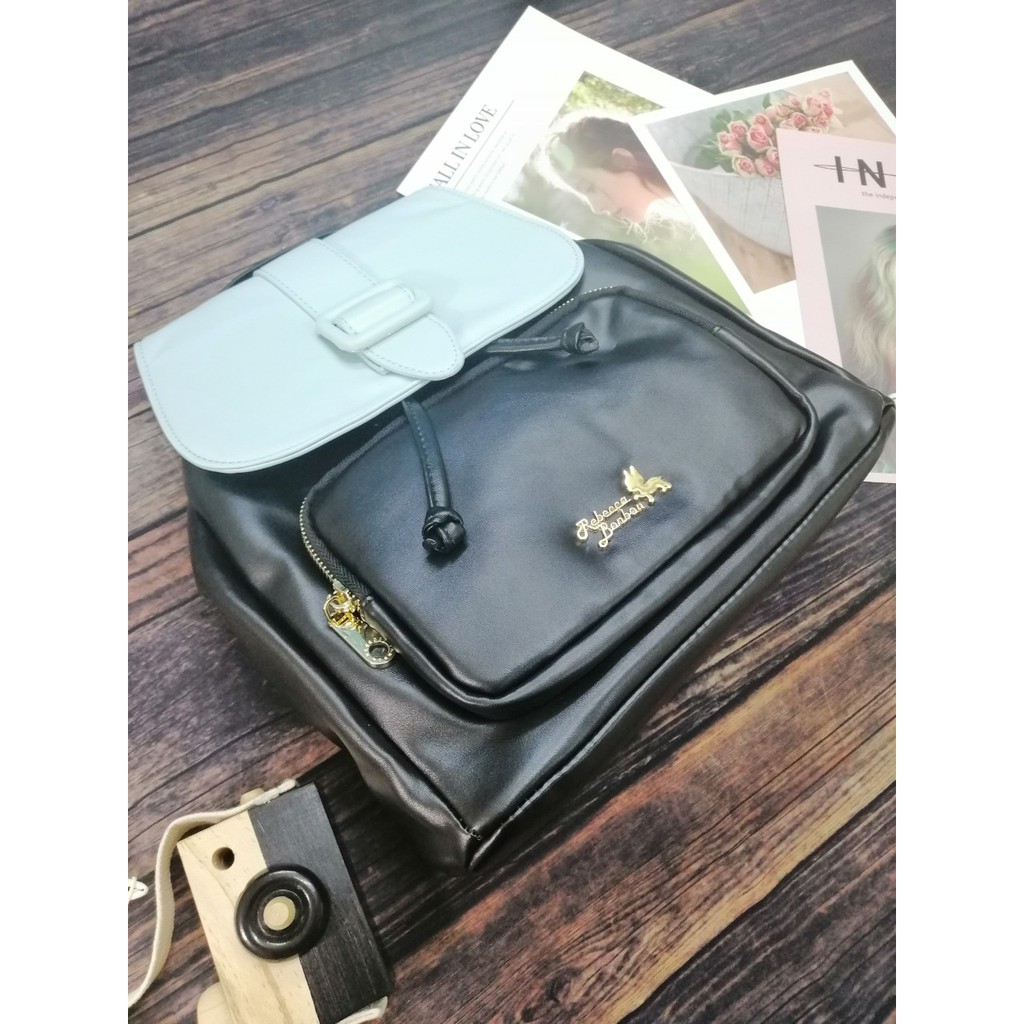 Ba lô phối màu xanh ngọc và đen PU #RebeccaBonbon chú cún Nhật Bản