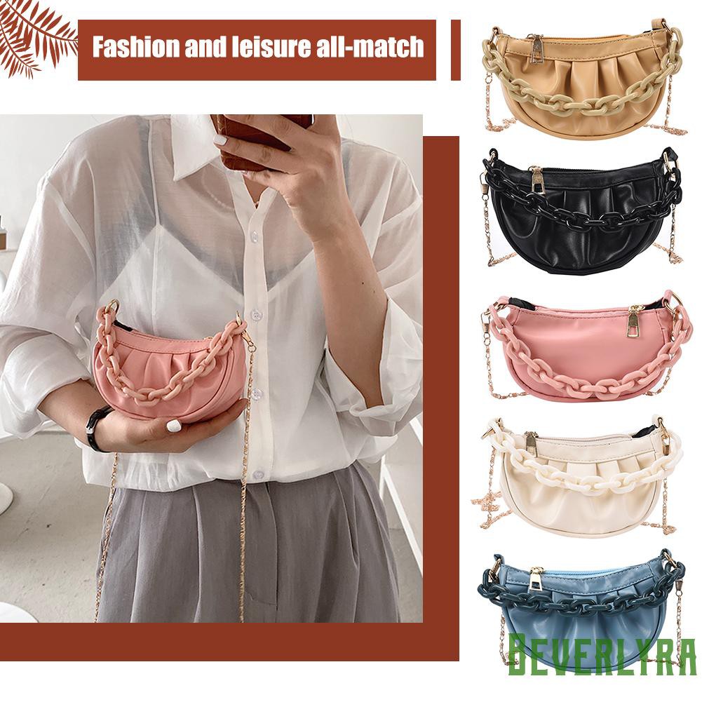 【Low Price】Vintage Women Pleated Pure Color Chain PU Shoulder Bag Casual Small Handbag