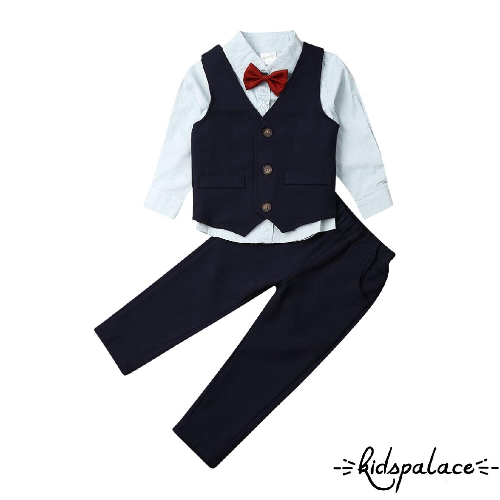 ➤♕❀❤4pcs Kids Baby Clothes Boys Sets Solid Shirts Tops+Vest+Pants Wedding Tuxedo Formal Dressy Suit