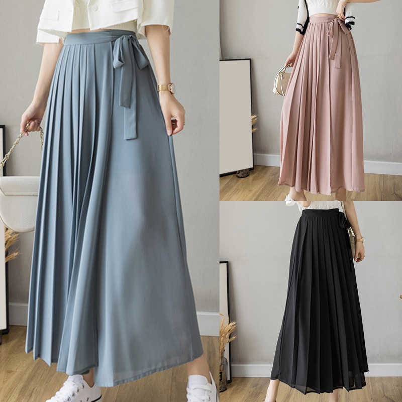 Quần Hakama chiffon lưng cao ống rộng xếp ly phong cách Hàn Quốc hàng mới cho nữ