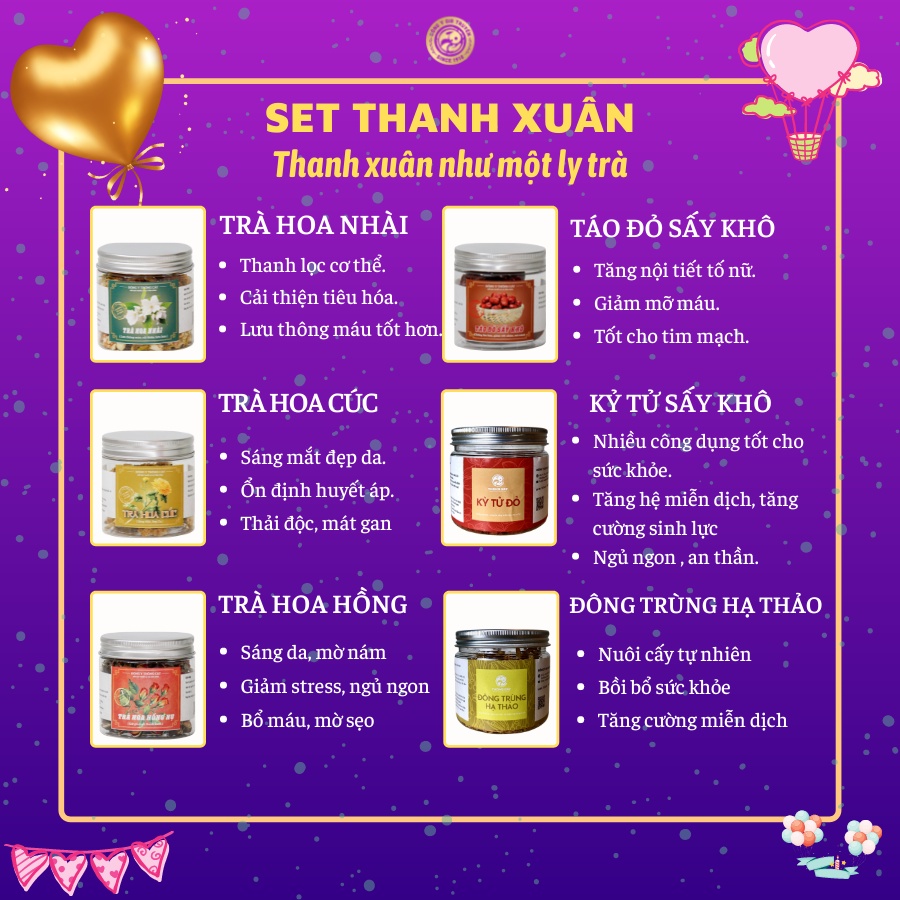 Set quà ý nghĩa 8 - 3 Bộ quà Thanh Xuân THÔNG CÁT HCM các loại trà hoa, đông trùng, táo đỏ, kỷ tử rất tốt cho sức khỏe