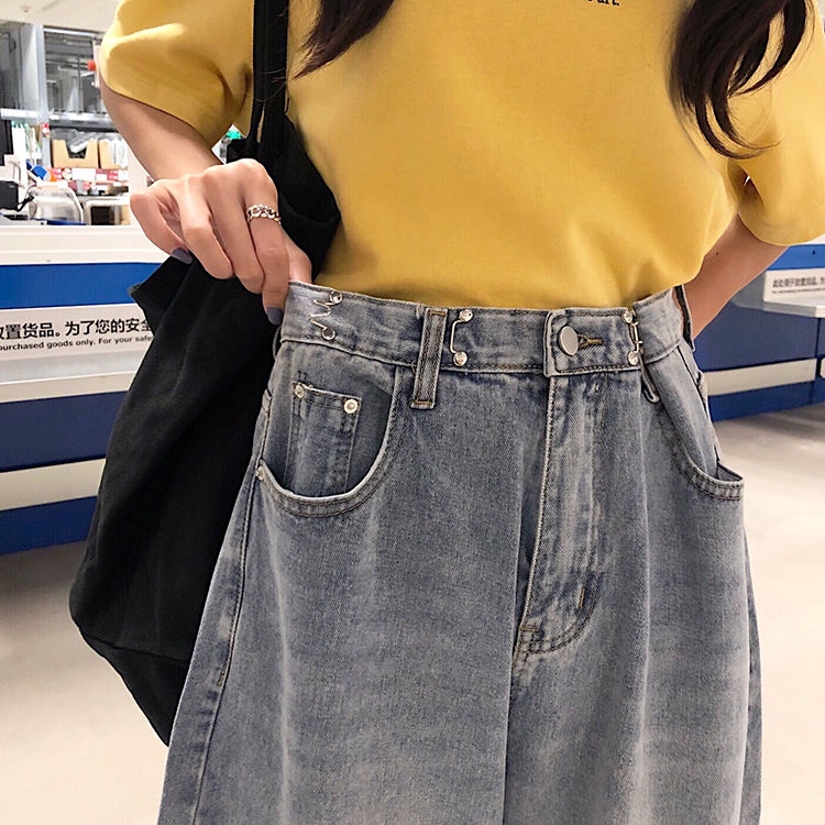Quần denim ống suông rộng lưng cao trẻ trung năng động