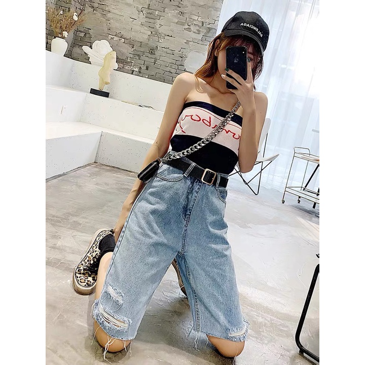 Quần jean ngố / lửng / 5 tấc BIGSIZE lưng cao, rách bụi đẹp, in hình mèo chuột 4153 Moliruan