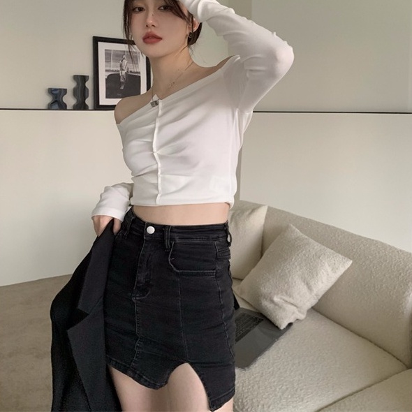 SUXI Áo Croptop Trễ Vai Tay Dài Màu Sắc Trơn Thời Trang Mùa Thu Cho Nữ