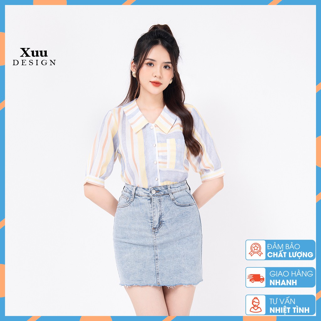 Áo kiểu nữ tay lỡ thời trang Xuu Design, Áo sơ mi cổ tròn họa tiết kẻ màu tươi sáng trẻ trung phong cách công sở - XU16