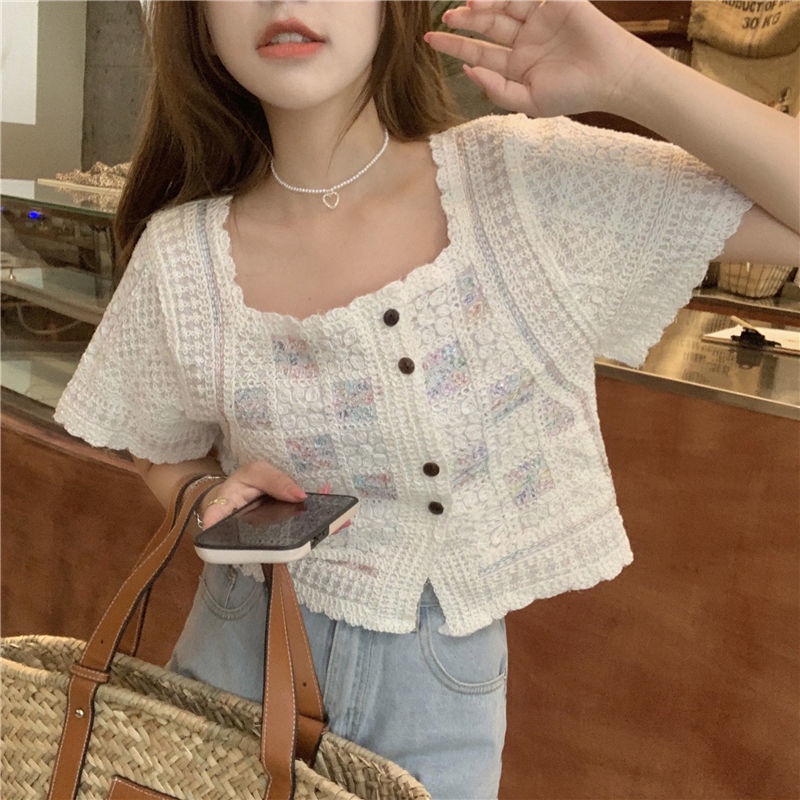 Áo Ren Cổ Vuông Ngắn Tay Thời Trang Xuân Hè Mới Cho Nữ