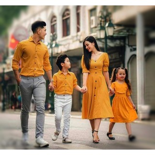 Đồng Phục Gia Đình thời trang, Set Áo Sơ mi và váy xòe du lịch Hot Hè 2020 màu vàng AG30