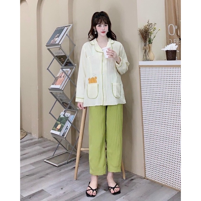 Bộ đồ bầu và sau sinh dài tay thu đông pijam mặc nhà vải xốp nhăn mềm mại thoáng mát thấm mồ hộ thiết kế đẹp giá rẻ