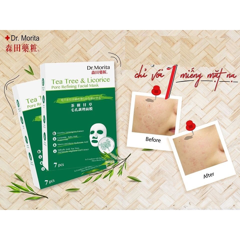 Hộp 7 Mặt Nạ Giảm Mụn, Kiểm Soát Bã Nhờn Dr. Morita Tea Tree &amp; Licorice Pore Refining Facial Mask 30g x 7