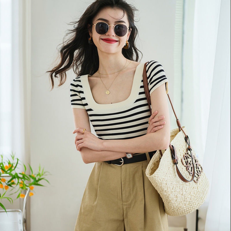 Áo kiểu IELGY dệt kim tay ngắn họa tiết kẻ sọc phong cách Pháp thời trang xinh xắn dành cho nữ