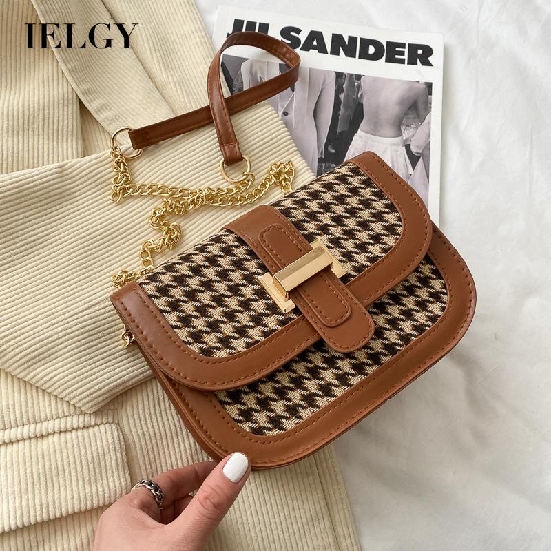 Túi đeo vai IELGY kiểu vuông nhỏ đơn giản in kẻ sọc trang trí đai phối xích phong cách Hàn Quốc