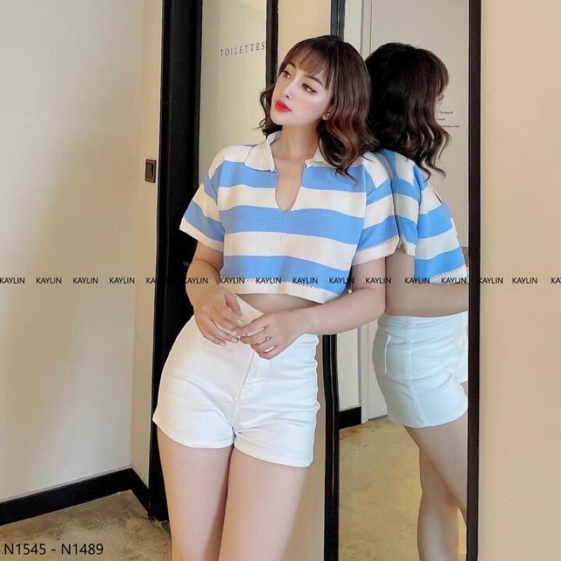 💥Áo len mongtoghi croptop kẻ ngang cổ đức xẻ V