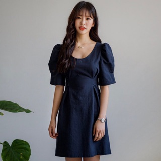 Đầm xanh đen cổ tròn thắt nơ