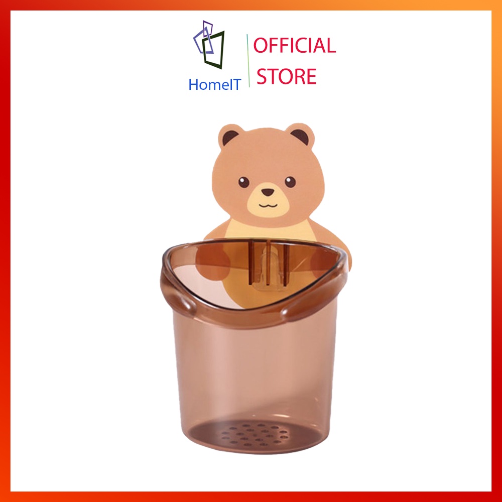 cốc đựng bàn chải, kem đánh răng, cốc hình gấu dán tường có lỗ thoát nước