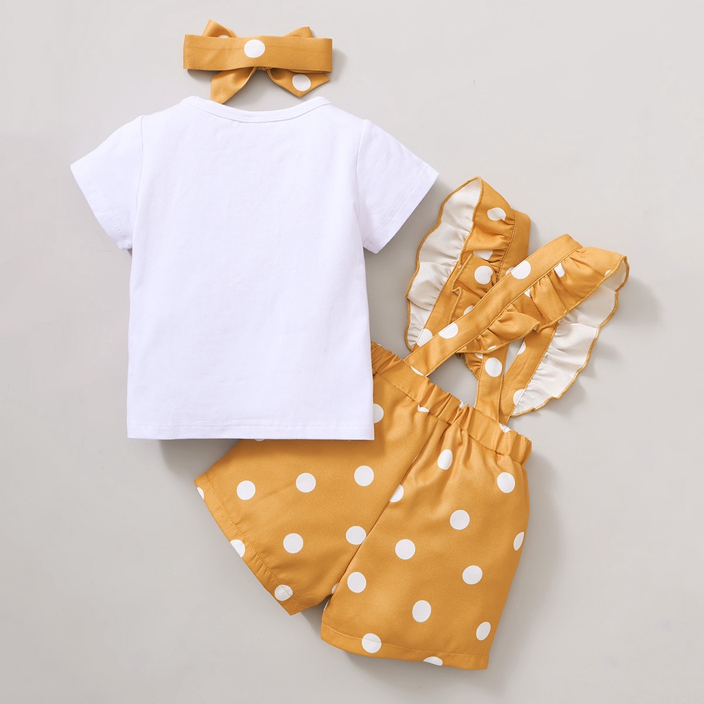 Set 3 món Mikrdoo gồm áo tay ngắn in hình thỏ + quần chấm bi + băng đô cài tóc thời trang mùa hè cho bé gái sơ sinh