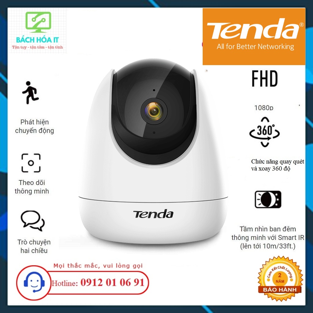 Camera IP Wifi xoay 360 TENDA CP3 full HD 1080p, hàng chính hãng bảo hành 24 tháng