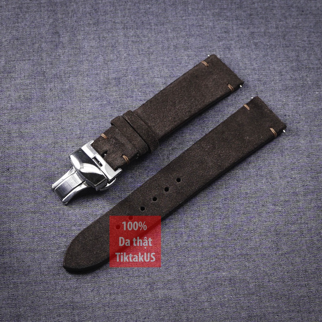 Dây đồng hồ da bò thật Vintage da lộn không chỉ viền kèm khóa bướm chống gẫy dây, nhiều màu, đủ size 18mm tới 22mm