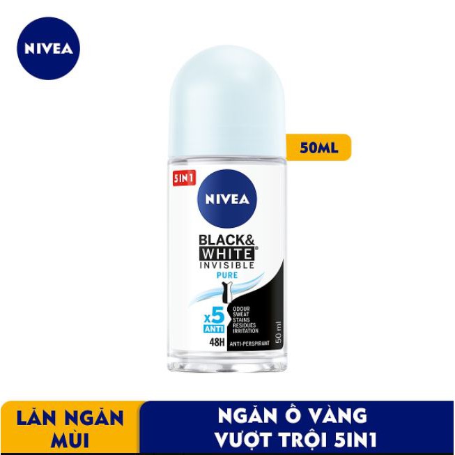 Lăn Ngăn Mùi Nữ Nivea Black &amp; White Ngăn Vệt Ố Vàng Vượt Trội 5in1 50ml