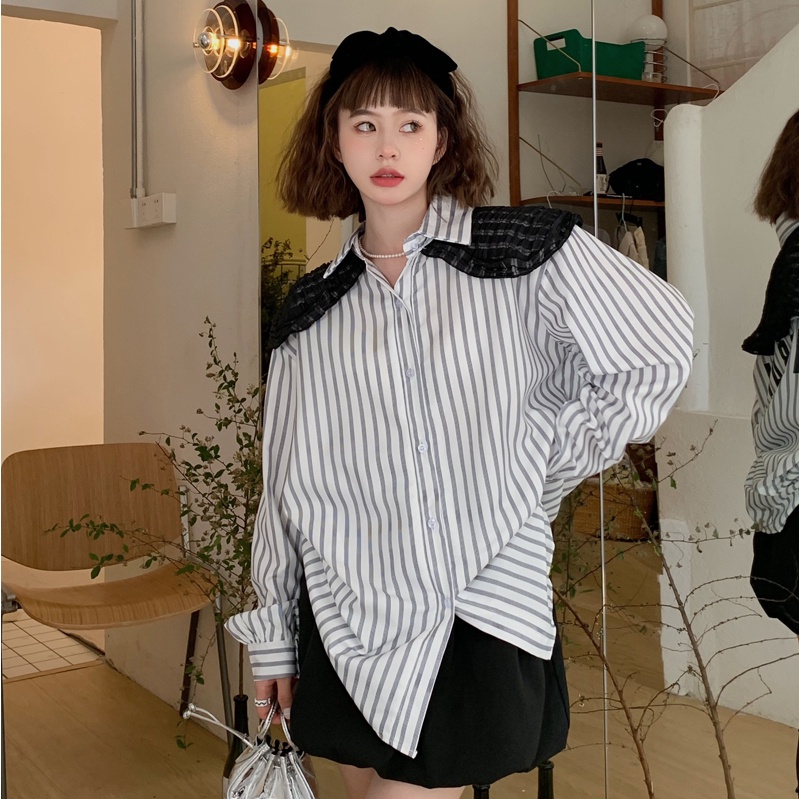 SUXI Áo Sơ Mi Tay Dài Kẻ Sọc Cổ Búp Bê Kèm Khăn Choàng Cổ Thời Trang Mùa Thu Cho Nữ