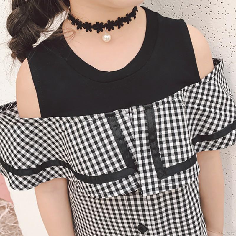 Đầm cotton kẻ ca rô trễ vai dễ thương cho bé