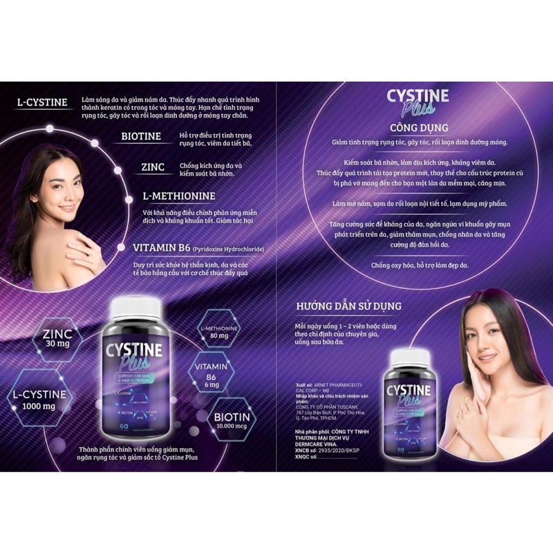 Cystine Plus-Viên uống giảm mụn, ngăn rụng tóc và giảm sắc tố Supplement Fact Cystine Plus