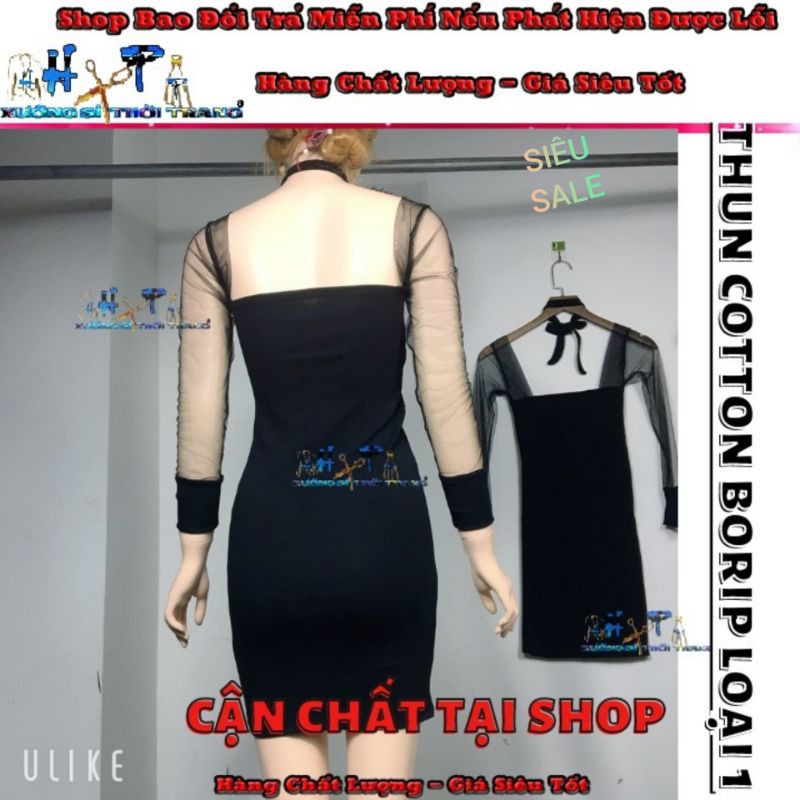 Đầm Ôm Body Nữ Cột Nơ Cổ Tay Phối Lưới Thun Cotton Borip Loại 1 Cao Cấp Siêu Hottrend 2020 - Hàng Có Sẵn