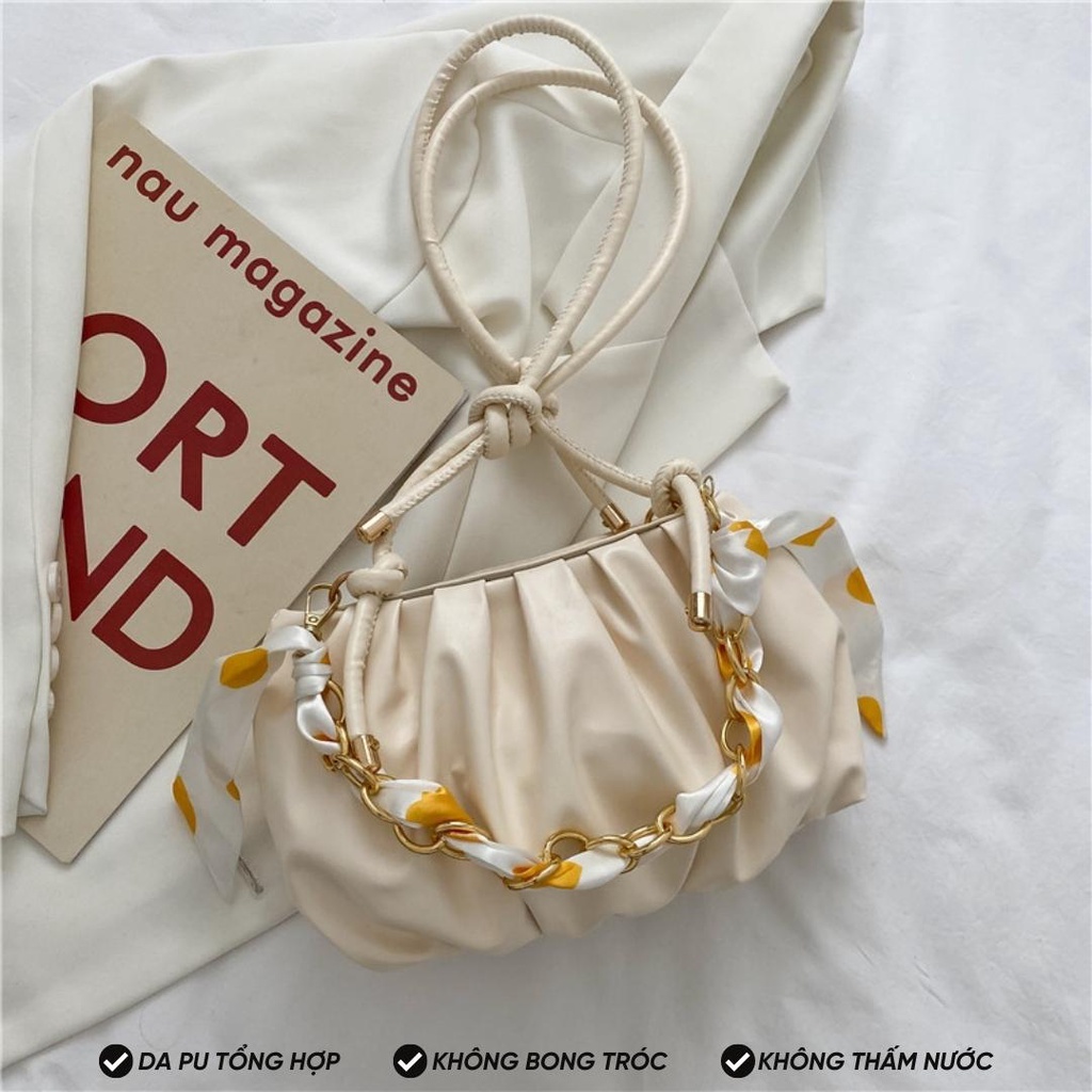 Túi xách nữ đeo chéo da PU xếp ly mix dây xích ruy băng thời trang Hàn Quốc TX4