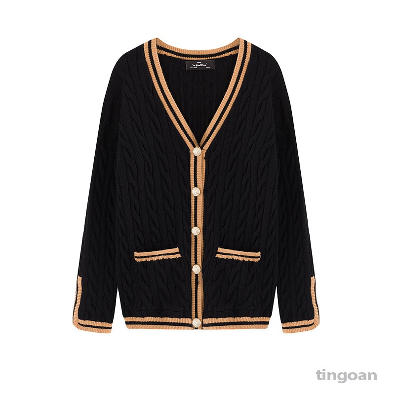 Áo khoác len cardigan đen viền nâu tingoan AMANDA CARDIGAN/BL | BigBuy360 - bigbuy360.vn