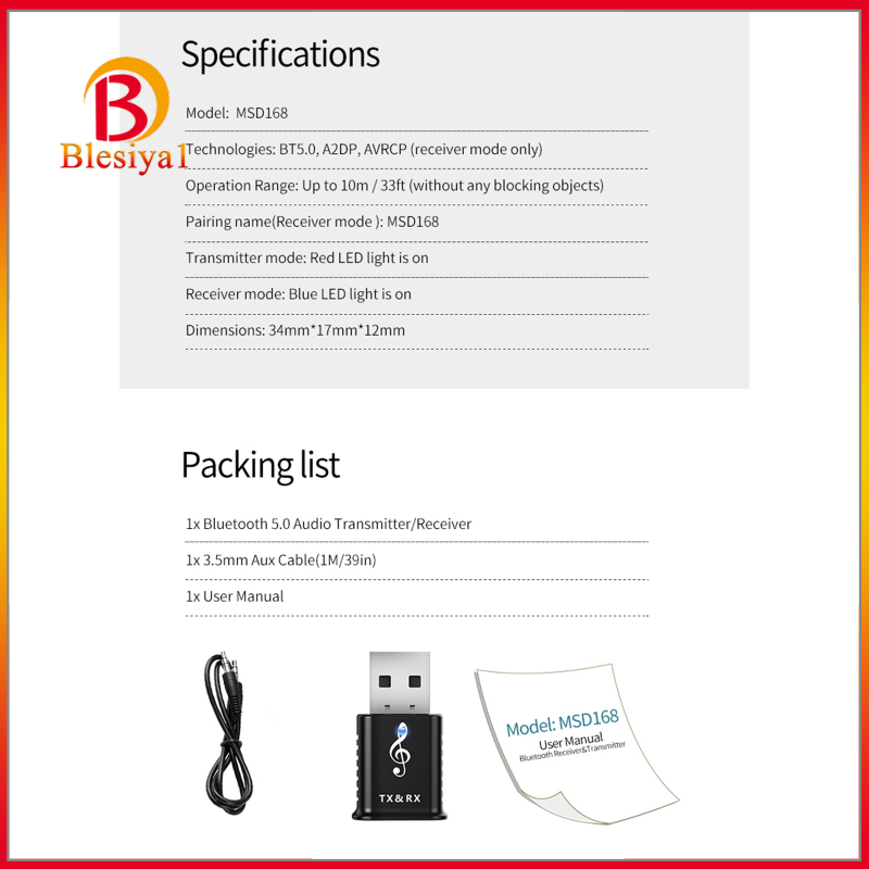[BLESIYA1]USB Bluetooth 5.0 Audio Adapter Transmitter Receiver for TV/PC AUX Speaker
