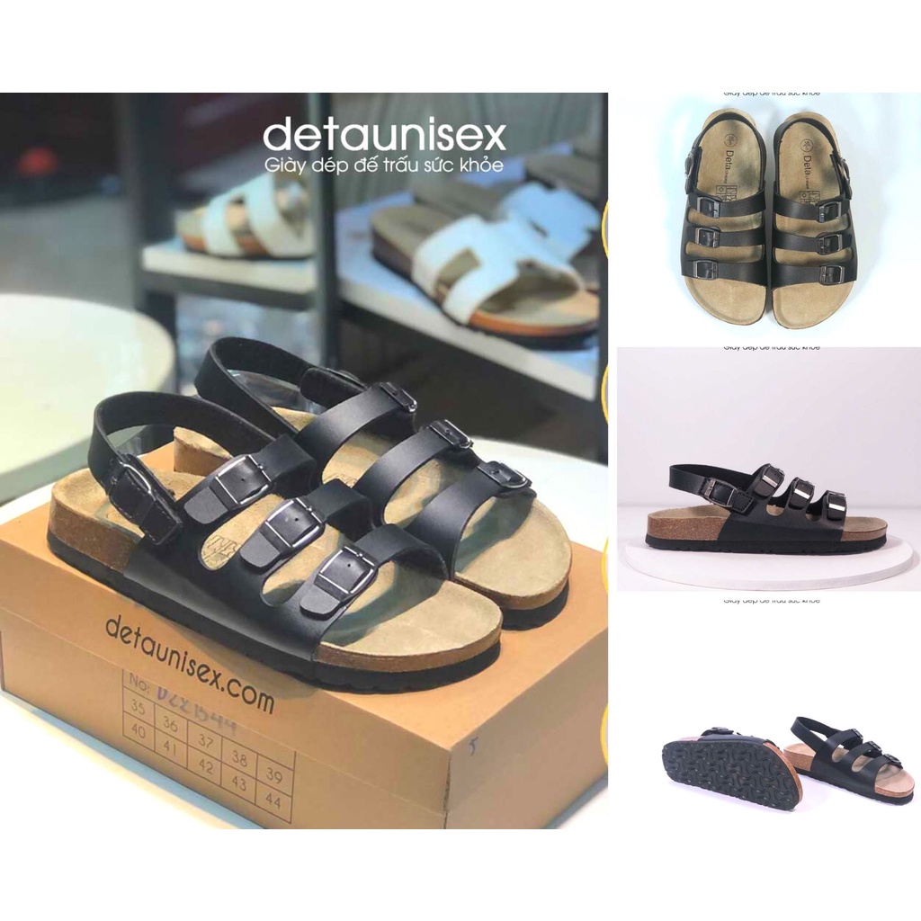 Dép đế trấu sandal quai ngang 3 khóa nam nữ Birken thời trang cá tính Detaunisex - màu Đen - SATA31D