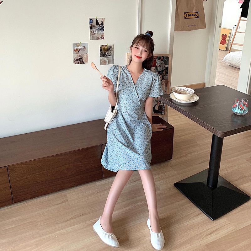 IELGY  Đầm Hoa Chuông Nhỏ Cổ Chữ V Siêu Mỏng Mùa Hè Kiểu Pháp