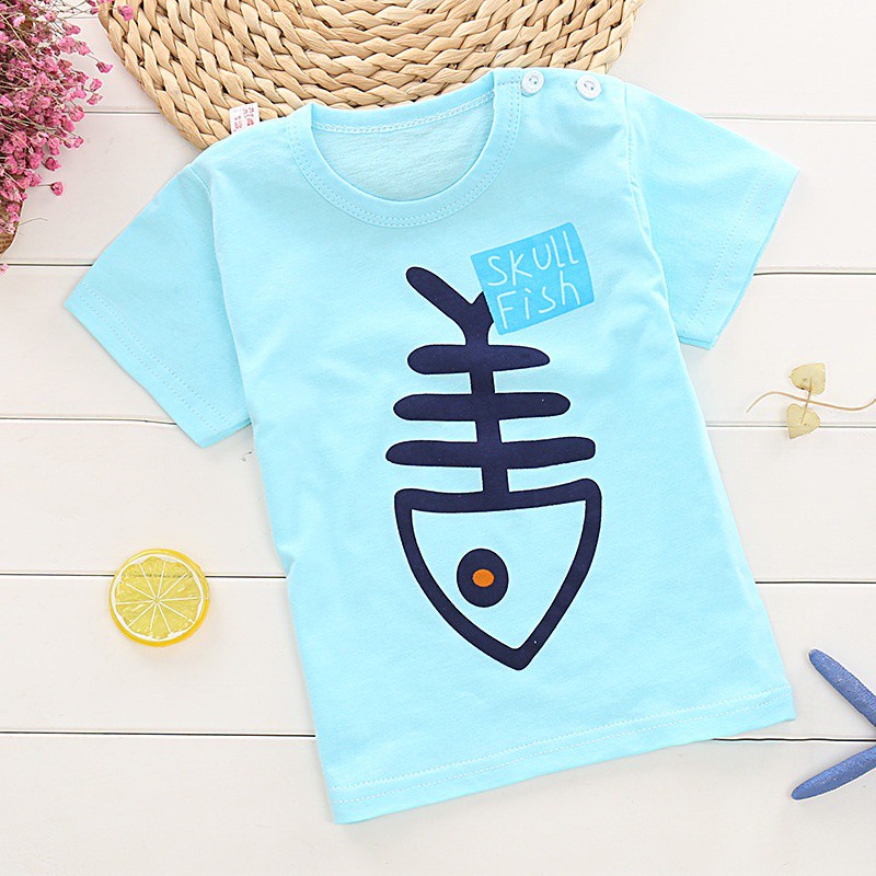 Áo thun tay ngắn cổ tròn chất liệu cotton thoáng khí thấm hút mồ hôi phong cách Hàn Quốc dành cho bé