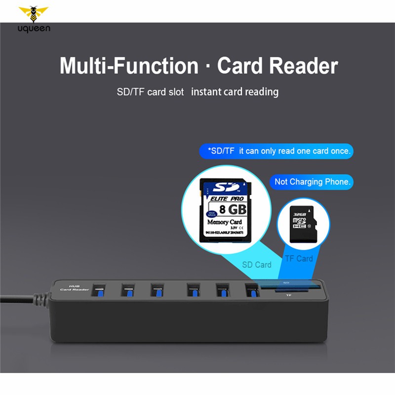 UQ Multi USB Hub USB 2.0 Splitter High Speed 6 Ports Hab TF SD Card Reader All in One for PC