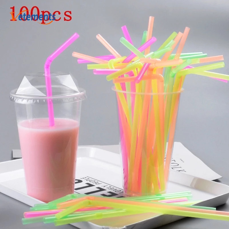 Set 100 ống hút nhựa huỳnh quang 21cm linh hoạt có thể bẻ cong tiện dụng cho các bữa tiệc