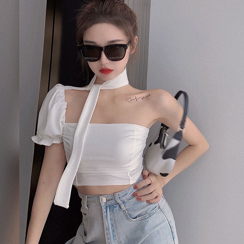  Women's Summer One-Shoulder Puff Sleeve Halter Sexy Slim T-shirt