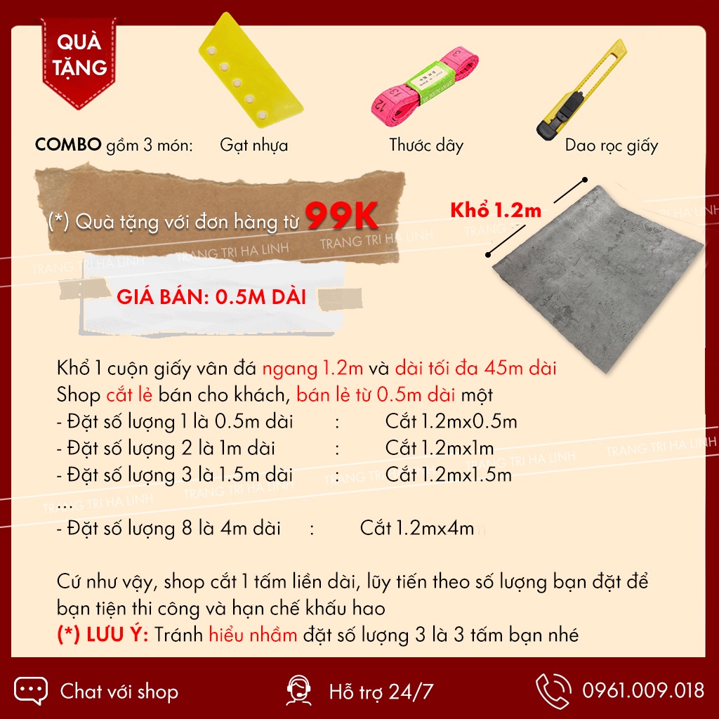 Giấy dán tường bê tông giả xi măng xám chống thấm khổ 1.2mx0.5m