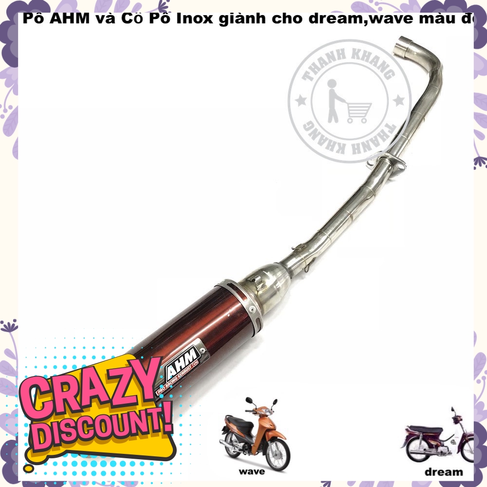 Pô AHM màu đỏ và cổ pô inox dành cho dream, wave, cup thanh khang 006001320 006001304