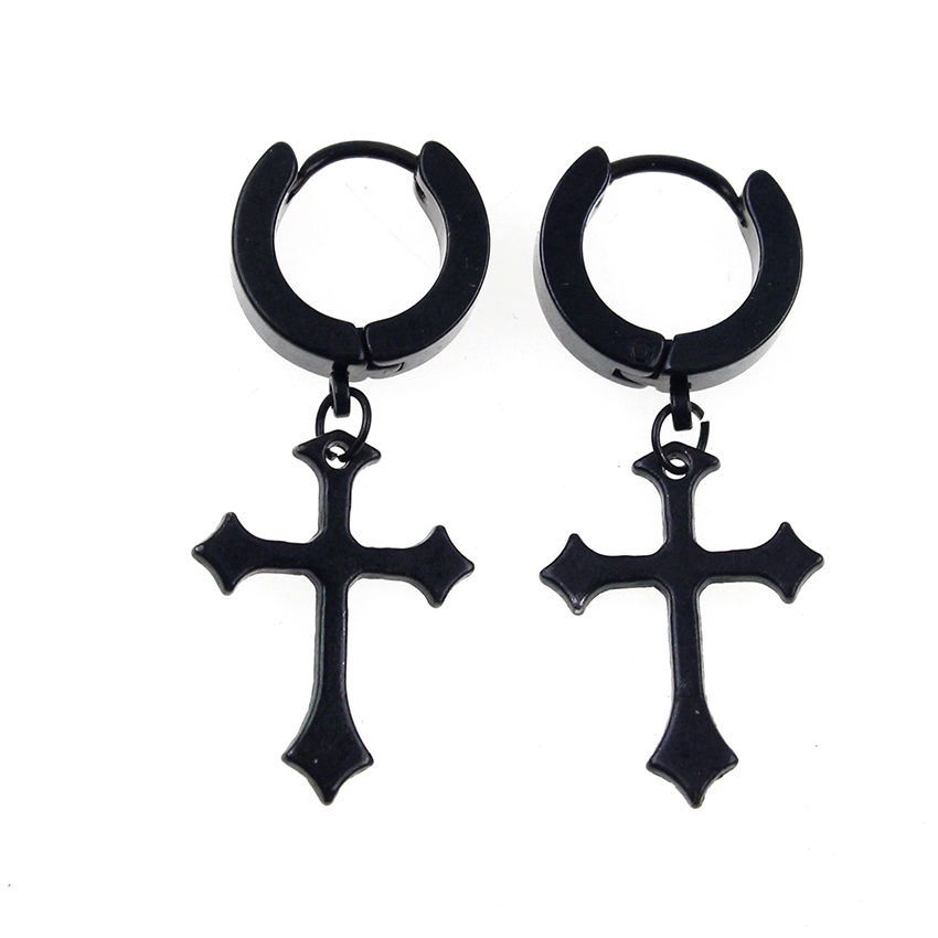 1Pair Men Women Stainless Steel Dangle Cross Ear Stud Hoop Huggies Earring