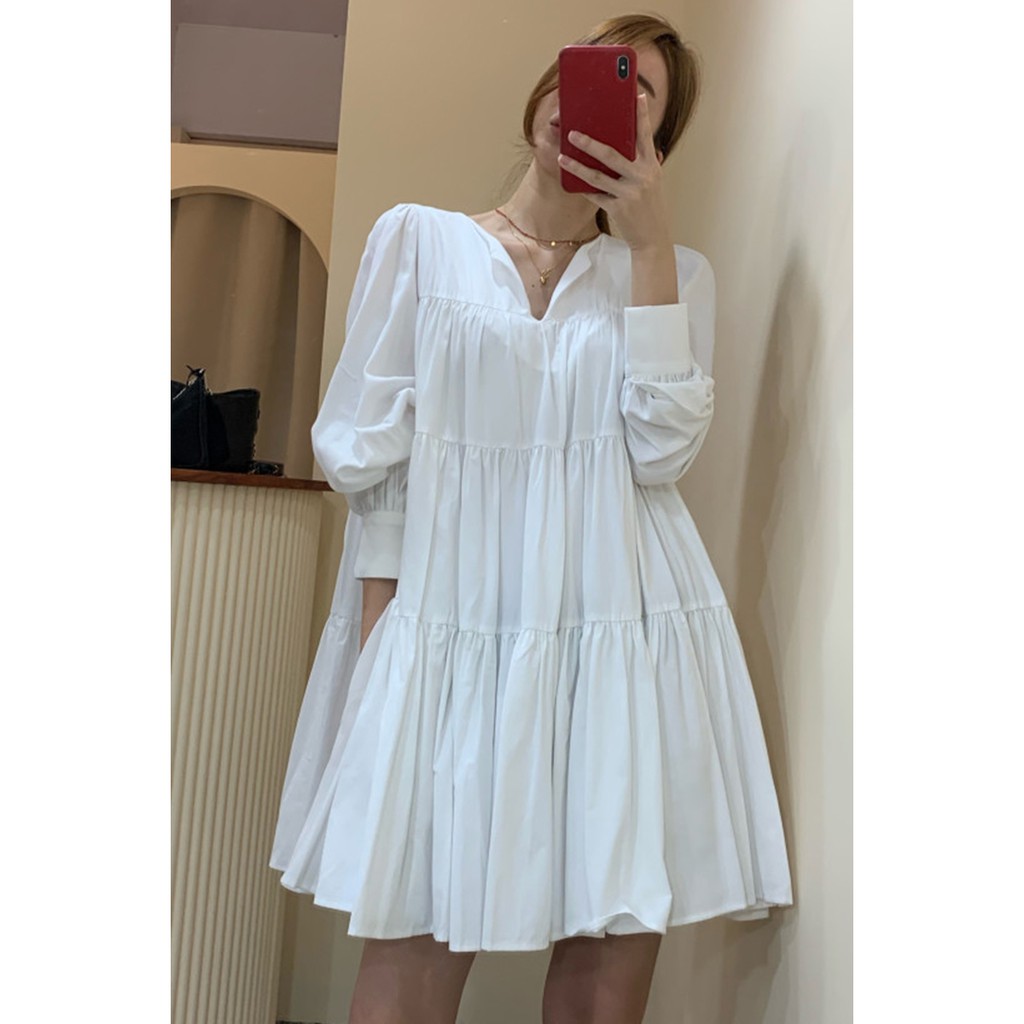 (ORDER) Váy sơ mi dài tay dập viền dáng babydoll xòe rộng điệu đà vintage kiểu Pháp (HÀNG_MỚI_VỀ) -junjun -junjun1 1