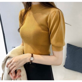 Áo thun gân nữ cổ cao tay phồng