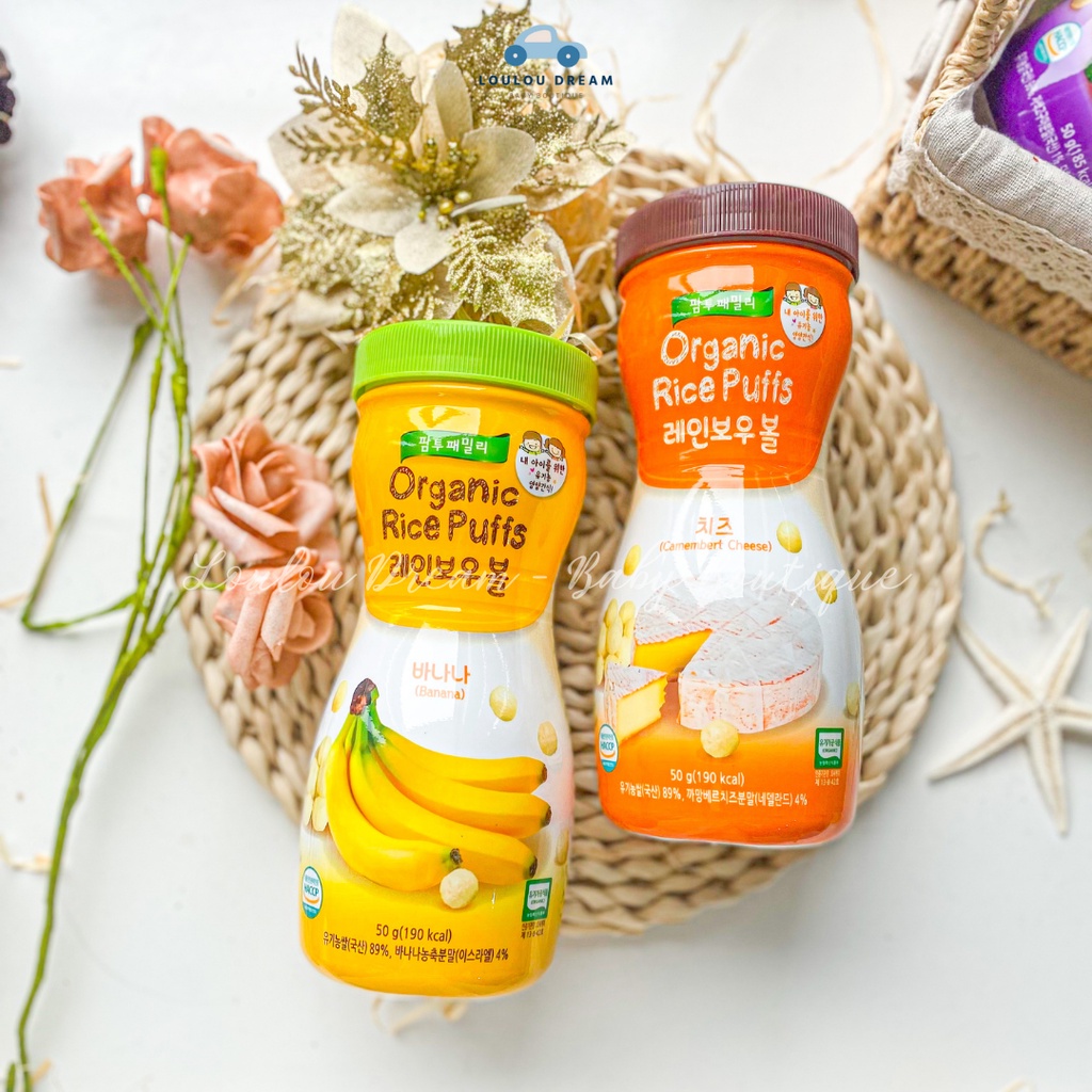 Bánh gạo ăn dặm Farm to Family hữu cơ - Organic Rice Puffs dạng viên cho bé từ 6 tháng Hàn Quốc 50g [BAY AIR]