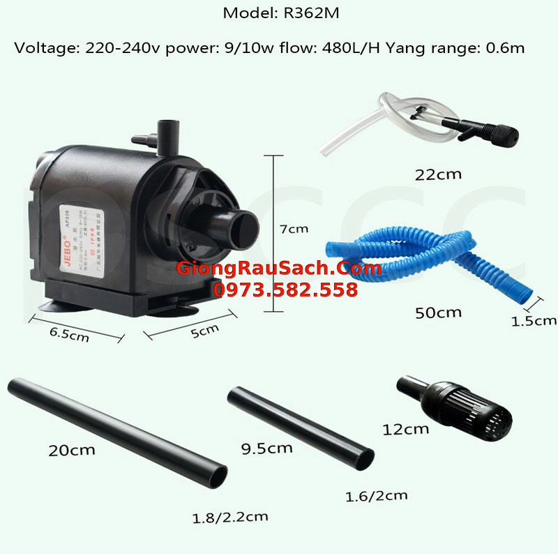 Máy Bơm Nước Chìm Bể Cá Cảnh 3 Chức năng Bơm + Lọc + Tạo Oxy Jebo R362M Công Suất 10W Dùng Bể Dưới 60cm khoảng 40-80L